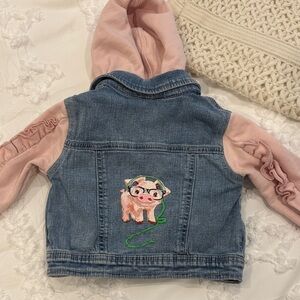 Tucker and Tate Pink and Blue Denim Jacket with Pig Embroidery
